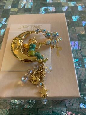 Gold-tone Moon & Star Brooch with Iridescent Beads